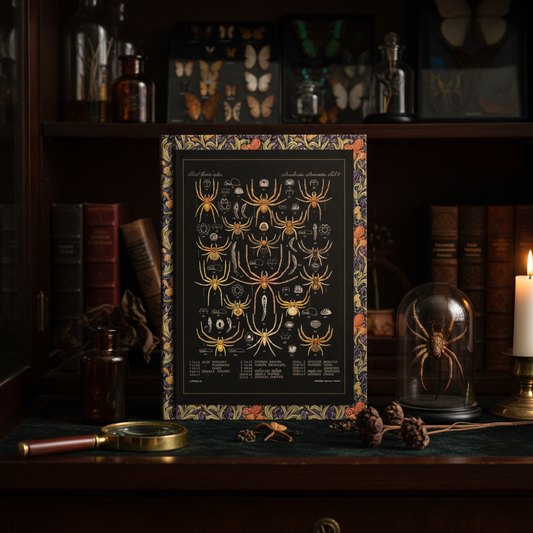 Arachnida spider journal by Godman in Victorian curiosity cabinet with glass dome specimen, brass magnifying glass and candlelight - LeBonJournal