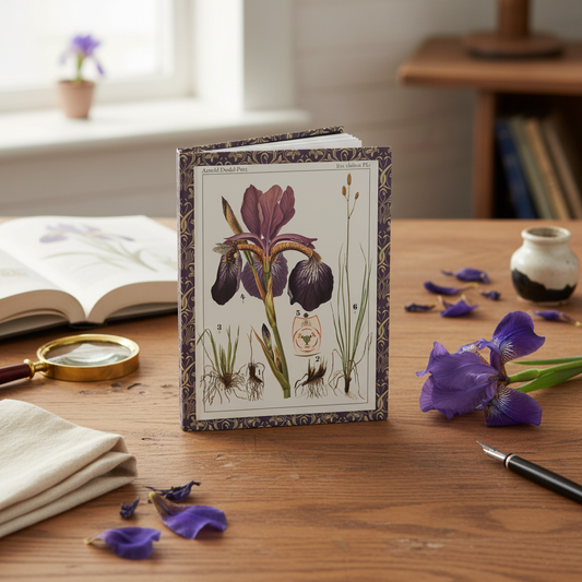 Arnold Dodel-Port 1892 Iris sibirica journal on aged oak desk with fresh iris flower, brass magnifying glass and botanical reference book - LeBonJournal