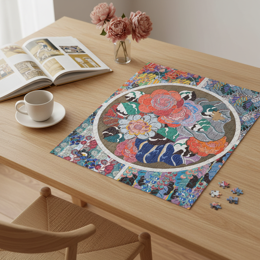 Bénédictus 1928 Variation 11 flower Art Déco puzzle partially completed on wooden table with design book and ceramic cup in refined interior - LeBonJournal