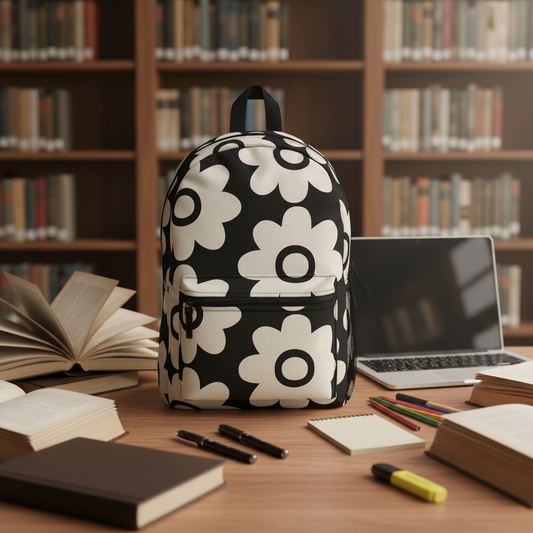 Bold retro daisy backpack on library table with books journal laptop pens and pencils - LeBonJournal