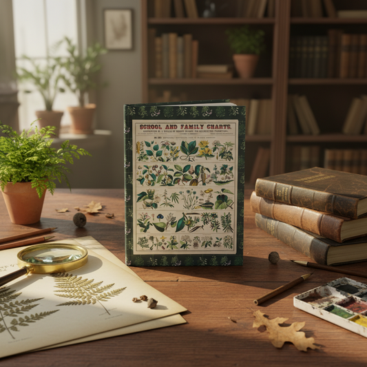 Botanical School Chart hardcover journal standing on vintage botanist desk with magnifying glass, pressed plant specimens, botanical reference books, potted plant, drawing tools, warm scholarly light, educational stationery for teachers and plant scientists - LeBonJournal