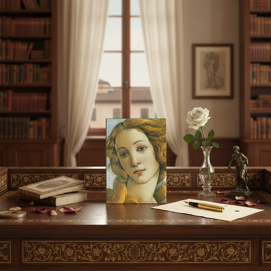 Botticelli Birth of Venus journal on antique Italian walnut desk with Renaissance poetry white rose Murano glass and Florentine afternoon light - LeBonJournal