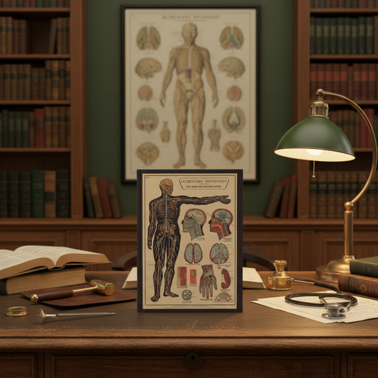 Brain and nervous system anatomy 1908 journal on antique oak neurologist's desk with reflex hammer, ophthalmoscope, medical books and anatomical chart - LeBonJournal