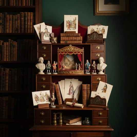 Cabinet of curiosities featuring miniature theater, theatrical postcards and French drama memorabilia - LeBonJournal
