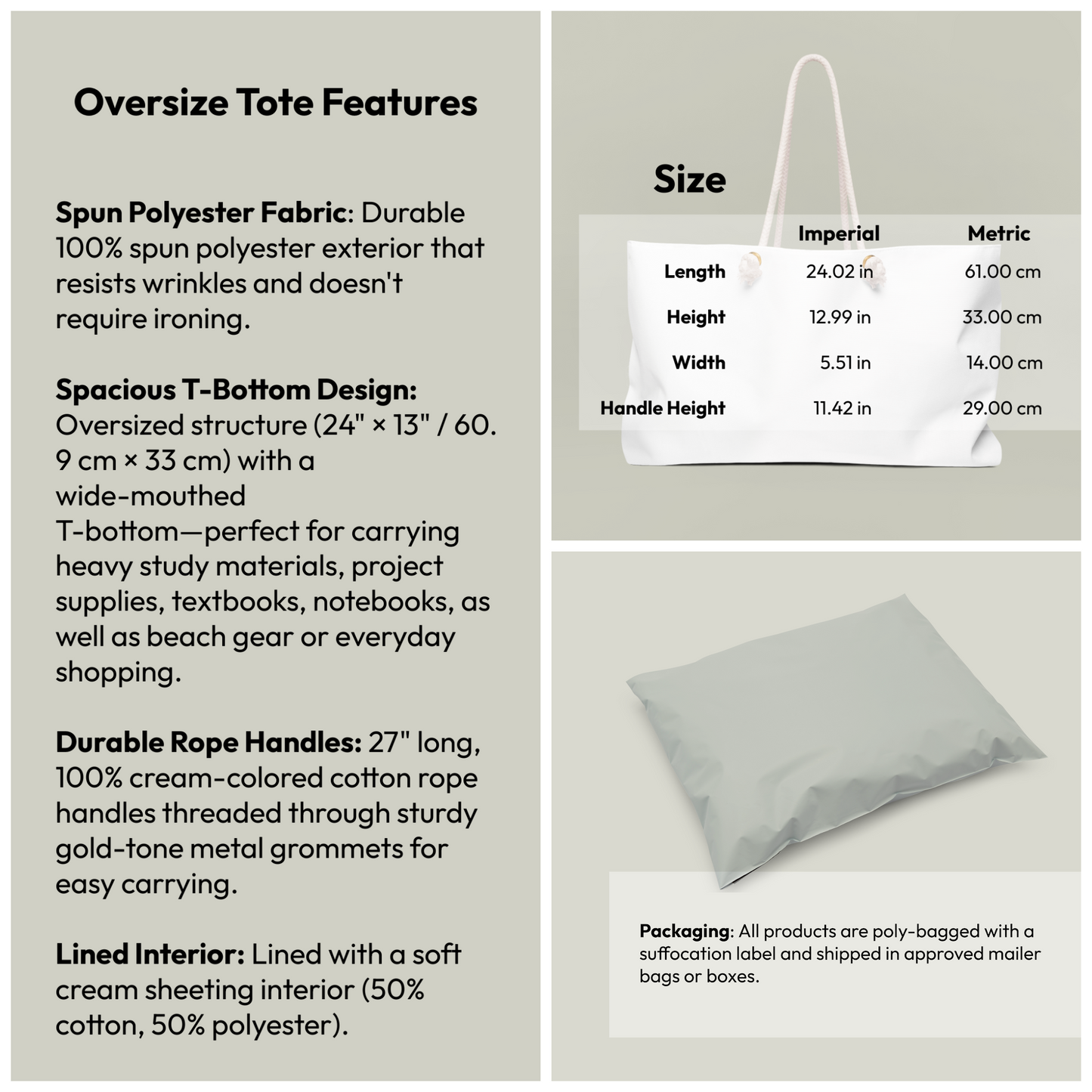 Size and features guide for campus tote showing dimensions 24x13 inches t-bottom and rope handles - LeBonJournal