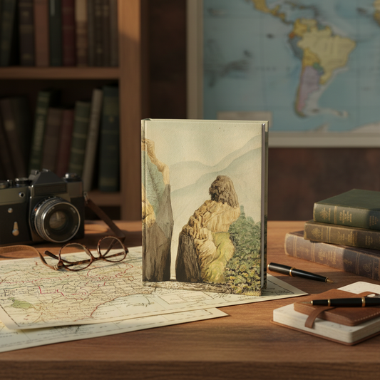 Carmelo Fernández Furatena strait journal on vintage explorer's desk with SLR camera, Colombia maps, notebook, glasses and travel books - LeBonJournal