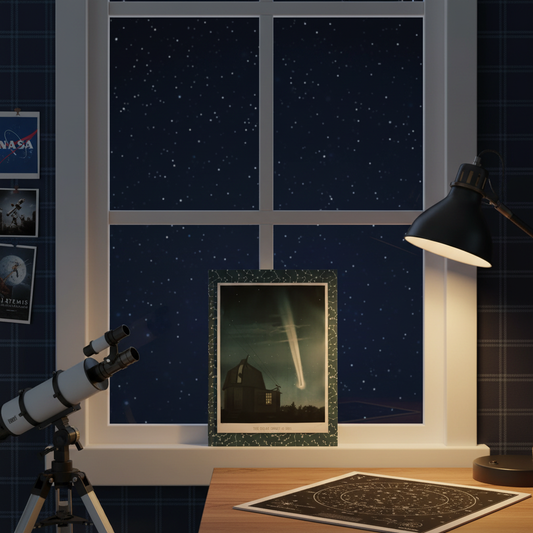 Celestial journal by Trouvelot 1881 in teenage astronomy bedroom with telescope, NASA photos and starry night window - LeBonJournal
