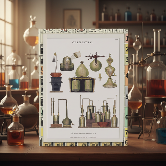 Chemical Charts hardcover journal standing on vintage chemistry laboratory desk with distillation apparatus, Woulfe apparatus, glass beakers, test tubes, antique bottles, scientific glassware in background, warm scholarly light, laboratory stationery for chemists and science historians - LeBonJournal