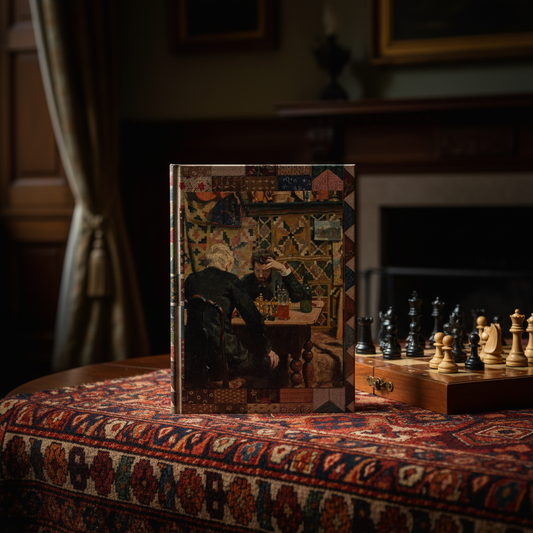 Gustav Wentzel 1886 chess players journal on kilim-draped table with ebony and ivory chess board in a darkened English drawing room - LeBonJournal
