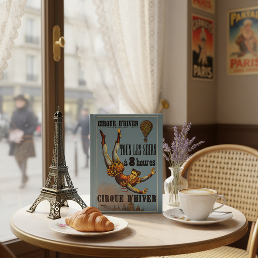Cirque D'Hiver hardcover journal standing on vintage Parisian café table with miniature Eiffel Tower, café au lait, croissant, fresh flowers, soft romantic light, Belle Époque stationery for Paris lovers and circus enthusiasts - LeBonJournal