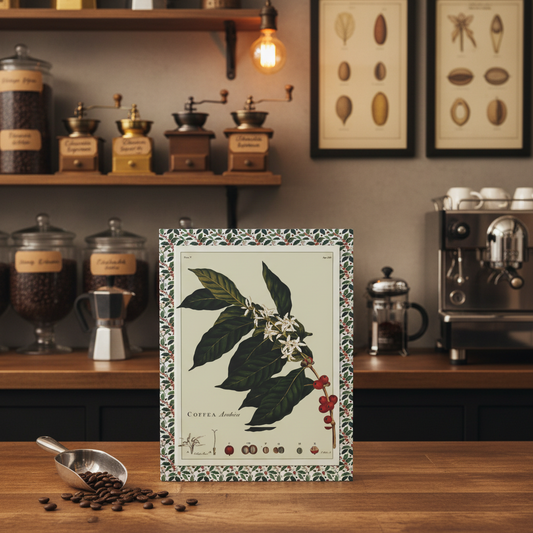 Coffee plant botanical journal on wooden counter in specialty coffee shop with bean dispensers, antique grinders, coffee makers and anatomical coffee prints - LeBonJournal