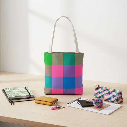 Colorblock check tote bag on wooden desk with hardcover journal, spiral notebook, pencil case and keys - LeBonJournal