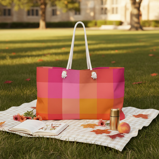 Colorblock plaid campus tote on picnic blanket on university lawn with journal wildflowers and golden afternoon light - LeBonJournal