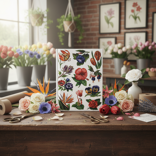El Tesoro de la Juventud floral journal in artisan flower shop Bird of Paradise roses tulips anemones - LeBonJournal