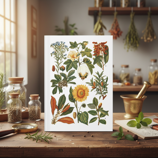 El Tesoro de la Juventud edible plants journal in naturalist's laboratory with apothecary jars, brass mortar and botanical sprigs - LeBonJournal