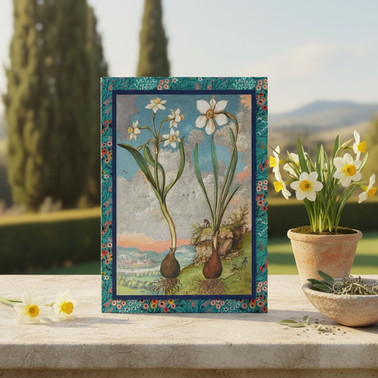 Gherardo Cibo c.1564 Narcissus Hepatica journal at Italian Renaissance garden stone table with narcissus flowers cypress trees and Umbrian hills - LeBonJournal