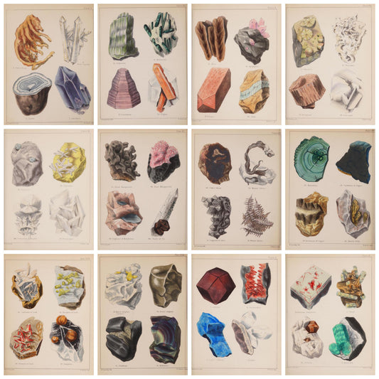 Henry Sowerby 1850 Popular Mineralogy digital prints collection showing 12 vintage lithographic illustrations of rock crystal, amethyst, lapis lazuli, agate, garnet, heulandite, stilbite and other crystalline structures - LeBonJournal