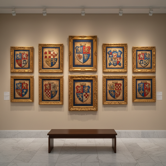 Medieval heraldic shields displayed in elegant art gallery - LeBonJournal