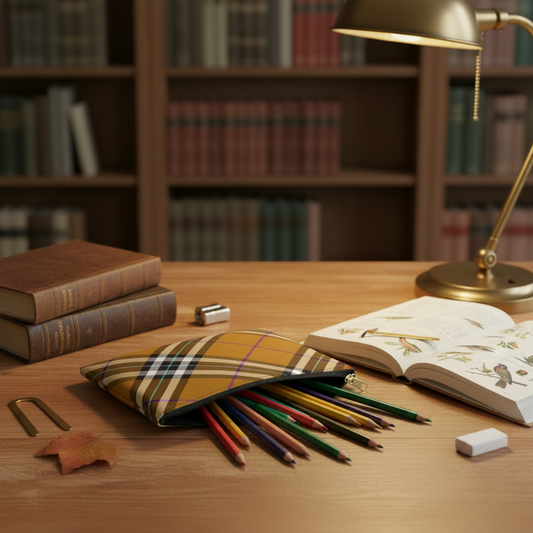 Honey tartan plaid zip pouch open in library with colored pencils and Victorian natural history journal - LeBonJournal