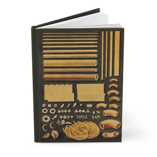Hardcover culinary journal standing upright showing front cover with Artemas Ward's 1911 fifty varieties of pasta illustration from Grocer's Encyclopedia, vintage screen print on matte finish cover - LeBonJournal