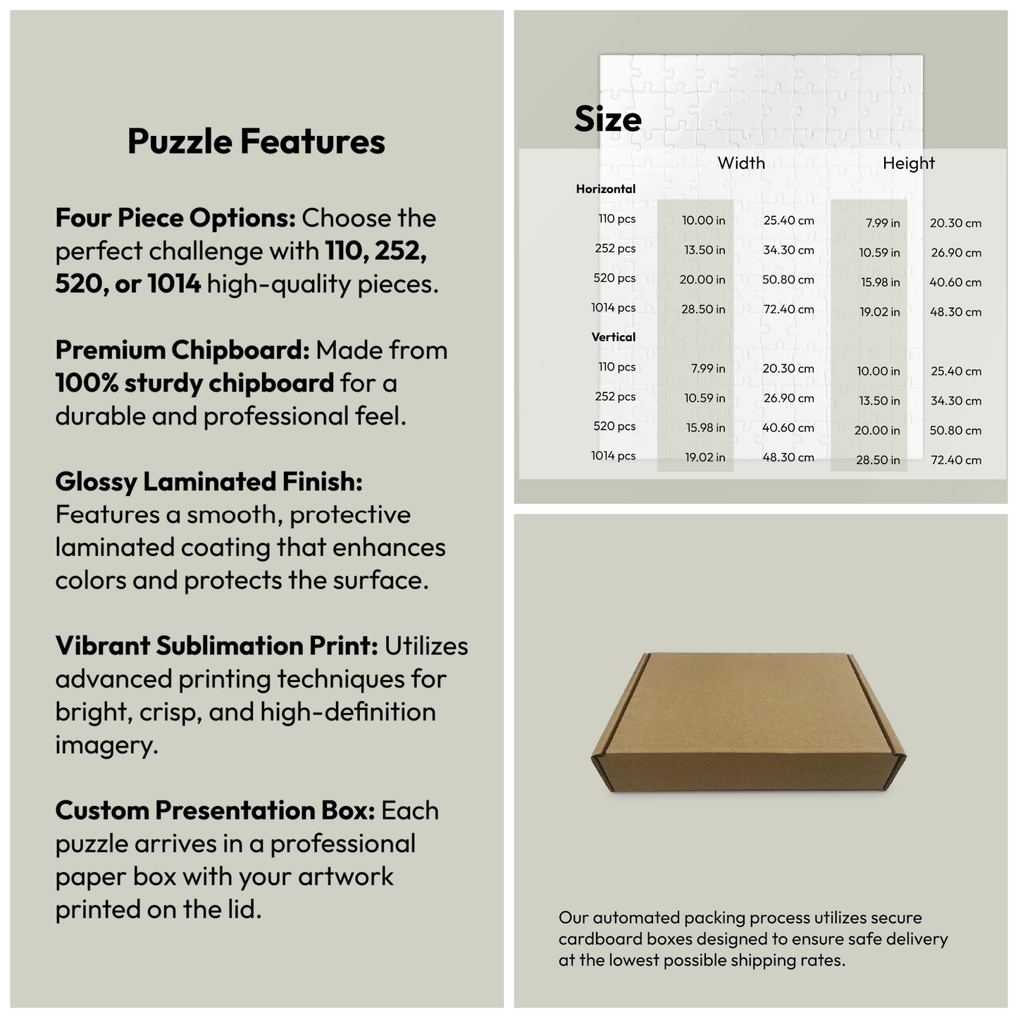 Jigsaw puzzle product features showing glossy finish, 100% chipboard construction, full-color sublimation print, printed paper box packaging, available in multiple piece counts - LeBonJournal