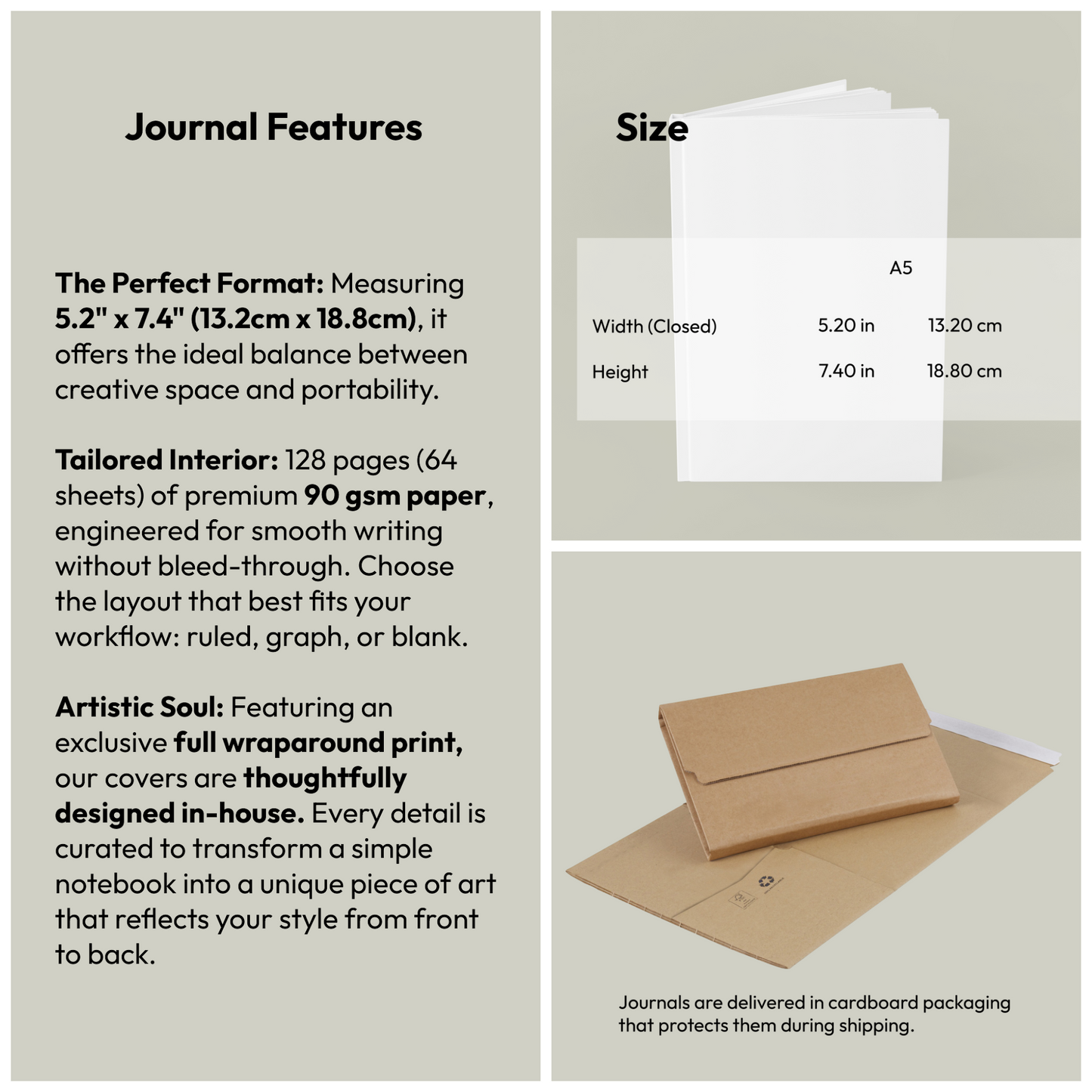Journal specifications — A5 hardcover 128 pages matte laminated cover sewn binding - LeBonJournal