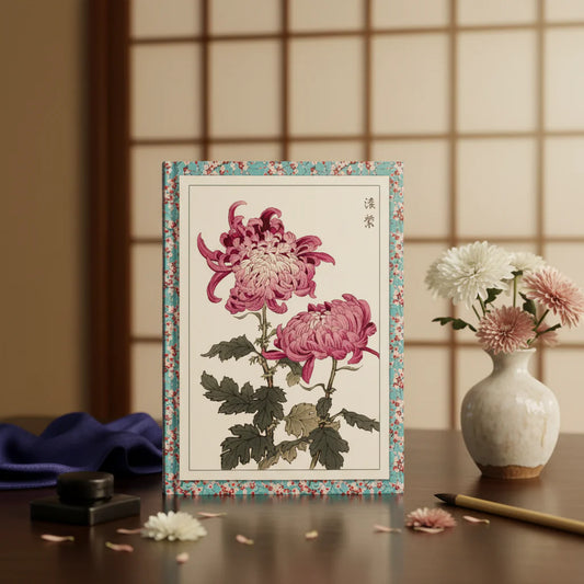 Keika Hasegawa 1893 chrysanthemum journal with Keika Hyakugiku woodblock prints in Japanese study with ikebana and silk textiles - LeBonJournal