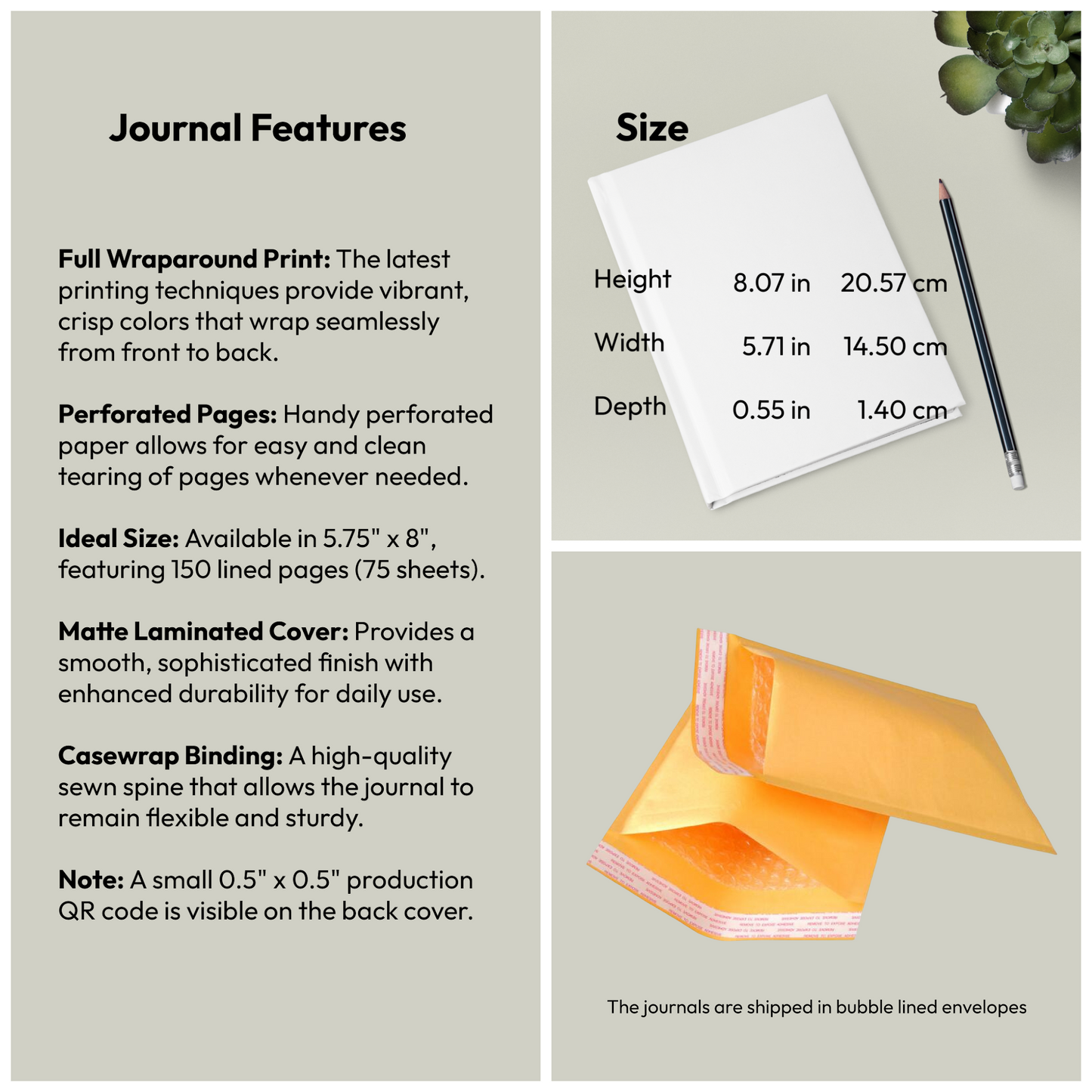 LeBonJournal hardcover notebook features: 150 ruled perforated pages, matte laminated cover, casewrap binding