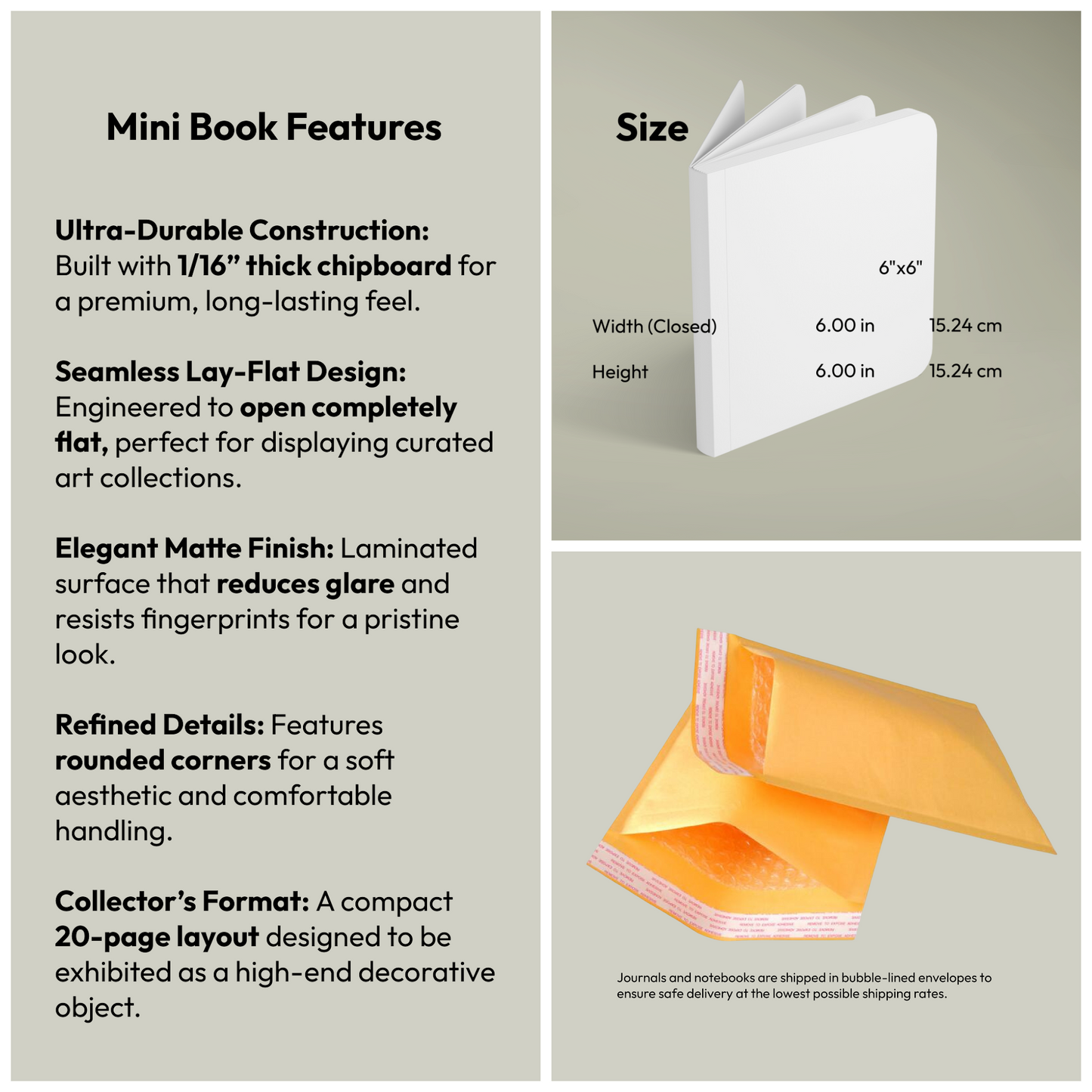 Mini Book specifications - ultra-durable chipboard construction, matte finish, 20 pages, collectible botanical art object features - LeBonJournal