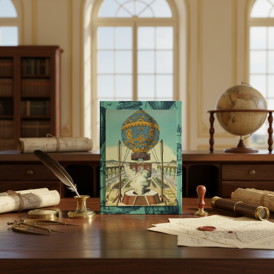 Montgolfier brothers 1783 balloon journal on antique French writing desk with brass compass antique maps quill and Enlightenment interior - LeBonJournal