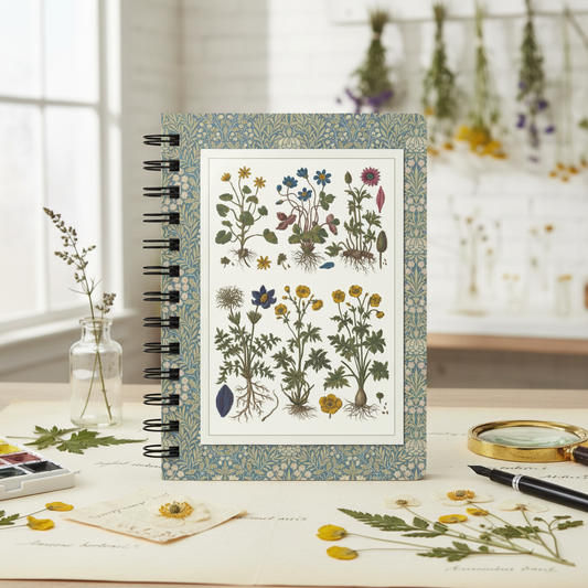 Morandi 1744 Historia Botanica Practica spiral journal in botanical studio with pressed wildflowers magnifying glass and watercolor palette - LeBonJournal