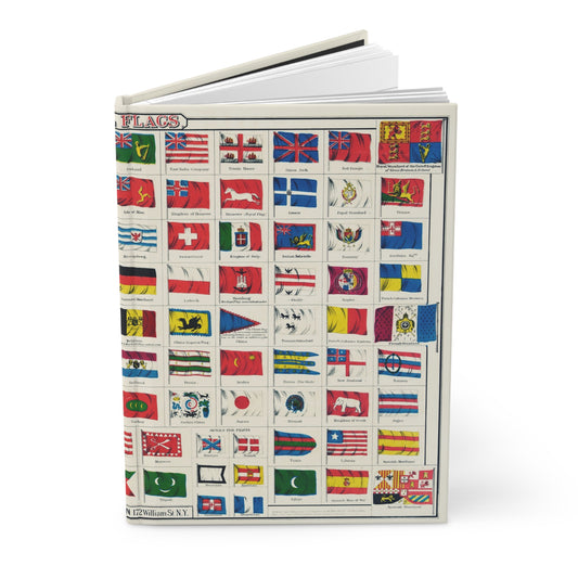 National Flags hardcover journal standing vertically slightly open showing lined pages, J. H. Colton 1863 chromolithographic chart cover - LeBonJournal