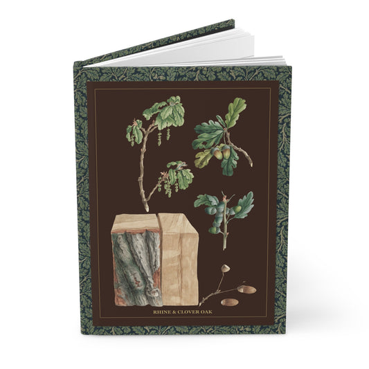 Oak tree hardcover journal standing vertically slightly open showing lined pages, Pfleger 1788 Quercus robur botanical study cover - LeBonJournal