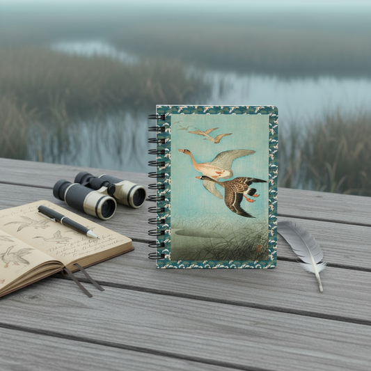 Ohara Koson 1926 Flying Geese spiral journal at marsh dawn with goose feather and birdwatching notebook - LeBonJournal