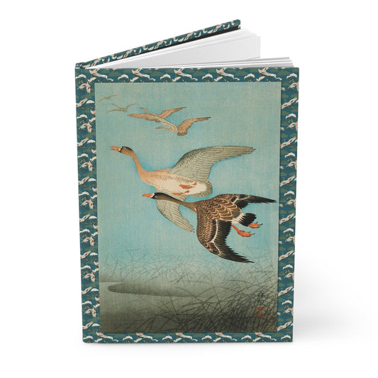Ohara Koson hardcover journal standing vertically slightly open showing lined pages, Flying Geese Shin-hanga 1926 cover - LeBonJournal
