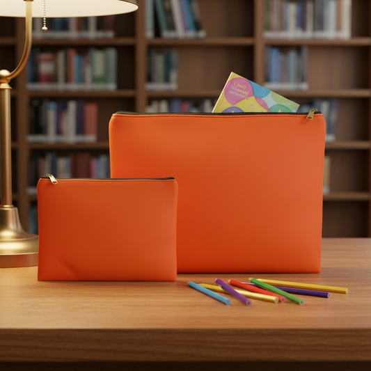 Orange solid color accessory pouches small and large sizes together in library, large open with book inside, small with pencils - LeBonJournal