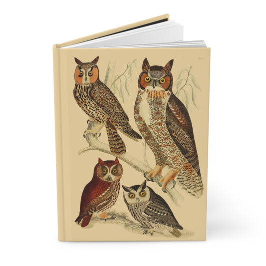 Hardcover owl journal standing upright showing front cover with Alexander Wilson 1808 American Ornithology illustrations featuring Great Horned Owl, Eastern Screech Owl, and Long-eared Owl on matte finish cover - LeBonJournal