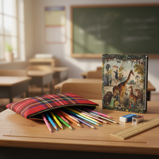 Red tartan plaid zip pouch on school desk with colored pencils and Victorian natural history journal - LeBonJournal
