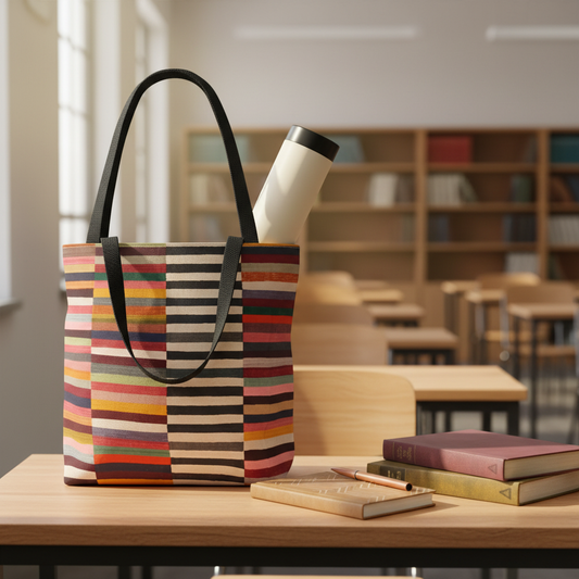 Striped colorblock tote bag on university desk with journal, pen, books and architectural drawing tube - LeBonJournal