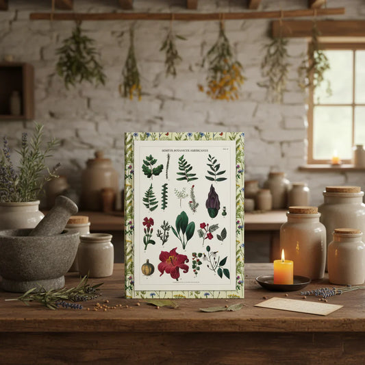 Titford 1811 Hortus Botanicus Americanus journal on apothecary desk with medicinal plants and botanical specimens - LeBonJournal