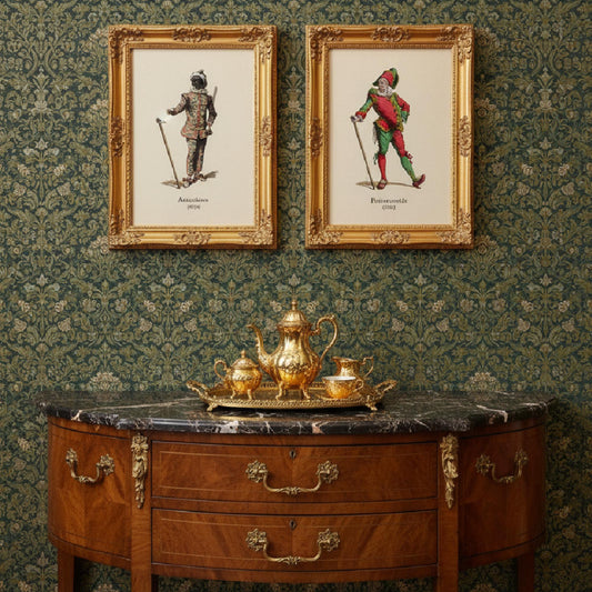 Two framed Maurice Sand 1860 Commedia dell'Arte prints displayed on console table, vintage theater character etchings from Masques et Bouffons home decor - LeBonJournal