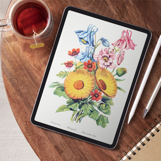 Victorian floral emblem displayed on tablet for digital design work - LeBonJournal