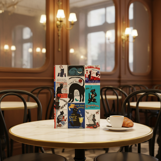 Vintage black cats collage journal on marble café table in Art Nouveau Parisian café with espresso croissant Belle Époque ambiance - LeBonJournal