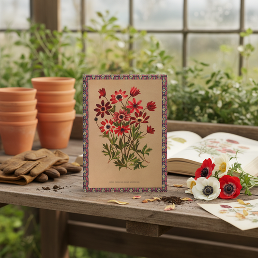 Arentina Arendsen 1872 Dutch botanical watercolour journal at vintage greenhouse potting bench with anemones terracotta pots and dried petals - LeBonJournal