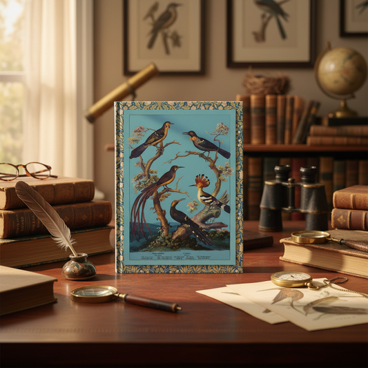 Avian journal at ornithology library with leather-bound books bird engravings Oliver Goldsmith 1825 turquoise - LeBonJournal