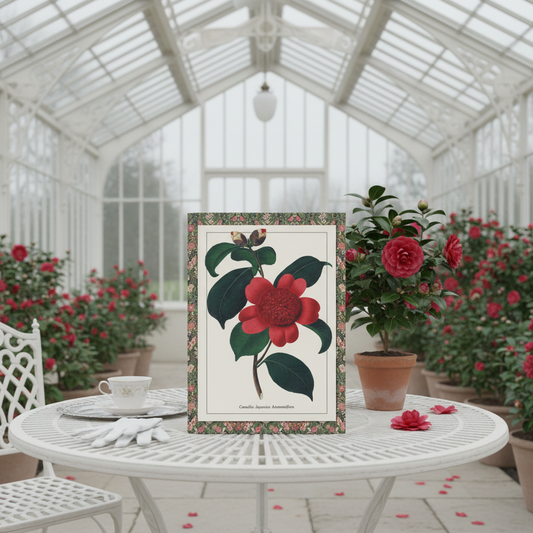 Alfred Chandler 1831 Camellia japonica journal in Victorian white iron glasshouse with red camellia bloom porcelain teacup and fallen petals - LeBonJournal
