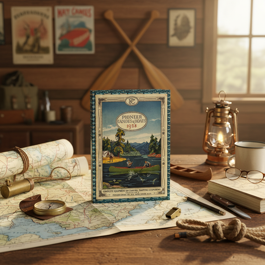 Canoe journal at adventurer table with vintage map compass paddle Pioneer 1928 wilderness expedition - LeBonJournal