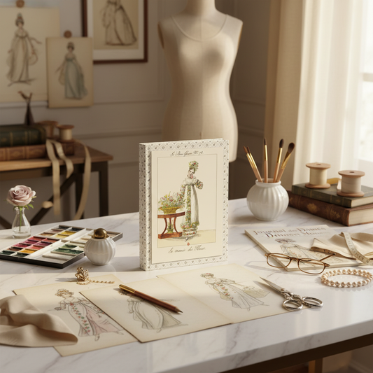 Fashion journal at designer table with vintage sketches watercolors Empire era Le Bon Genre 1813 - LeBonJournal