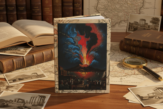Historical Alessandro d'Anna 1779 Vesuvius eruption journal on historian desk with Pompeii books and vintage photographs