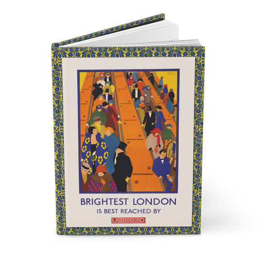 Hardcover journal standing upright showing Horace Taylor Brightest London is Best Reached by Underground 1924 Art Deco poster on front cover - LeBonJournal